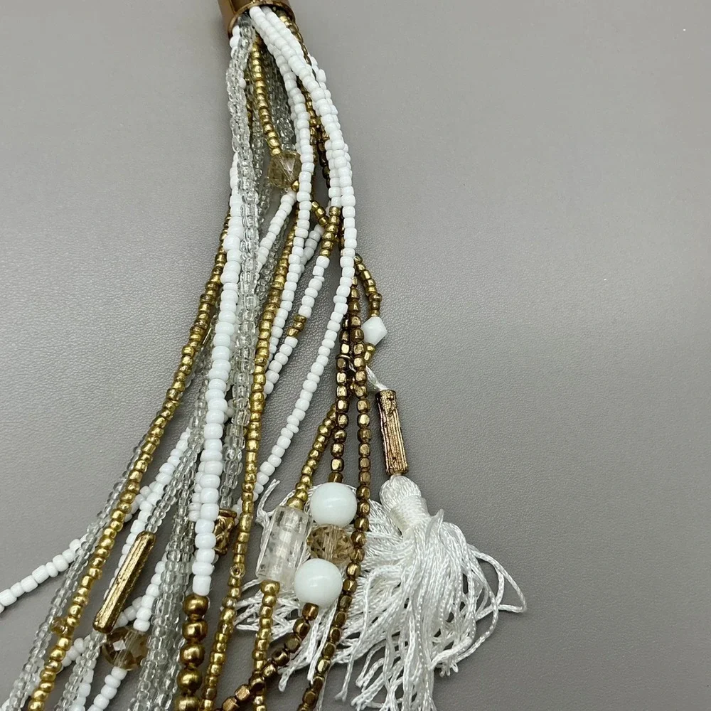 Chico's Necklace NWT White Gold Multi Strand Seed Bead Tassel Statement Jewelry